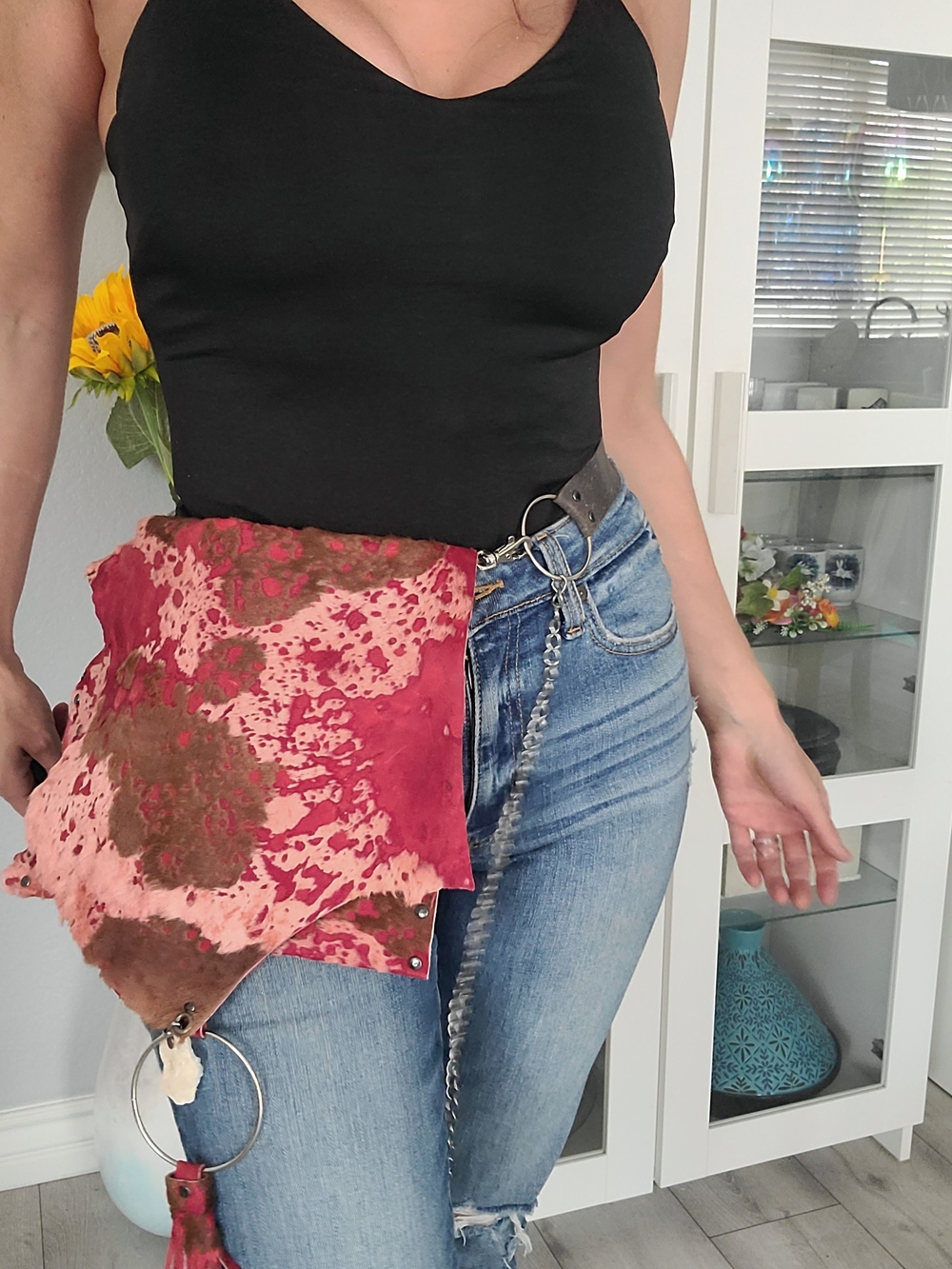 Women's Leather Hair On Waist Bag - Pink Brown Tie-Dye